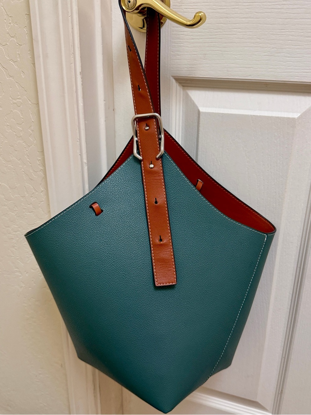 Genuine Cowhide Leather Green & Brown Asymmetrical Bucket Bag Tote
